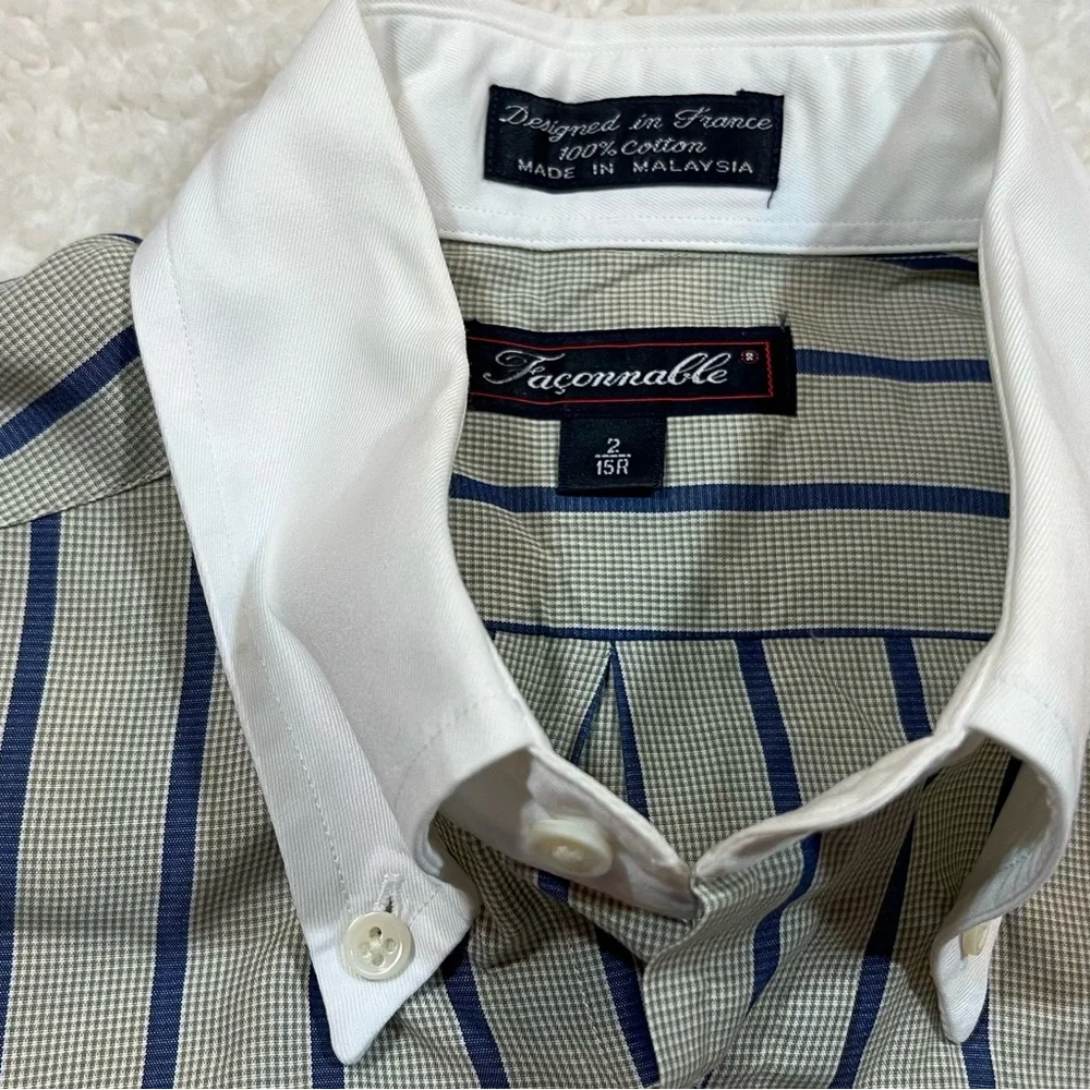 Men's Striped Shirt - Blue and Tan (small check)| 15R Size - Picture 5 of 10